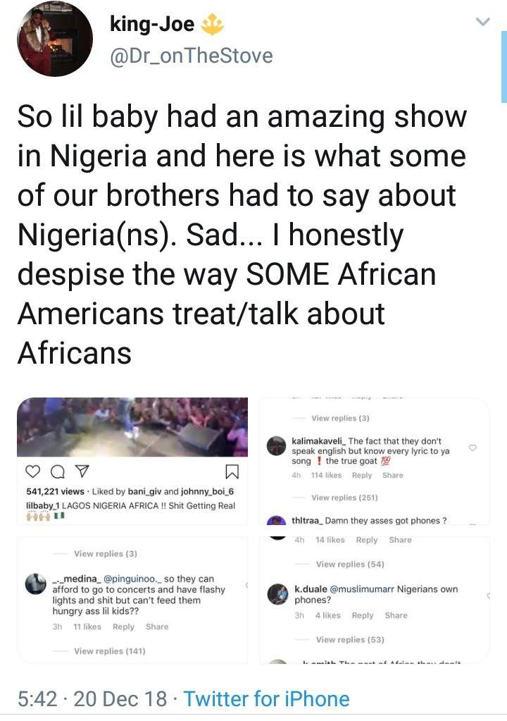 African Americans shade Nigerians after US rapper Lil Baby's visit to Nigeria for a concert (screenshots)