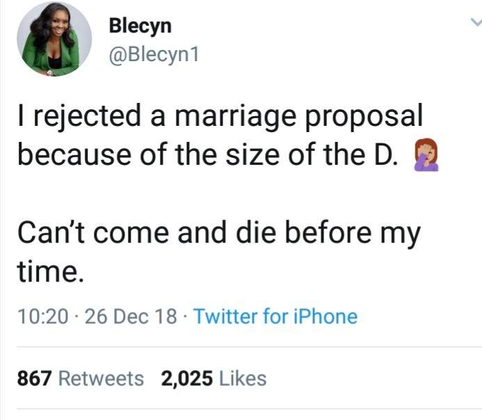 'I rejected a marriage proposal because of the size of the D' - Nigerian lady reveals