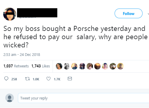 Twitter user accuses her boss, a pastor of a popular church, of buying a Porsche while owing staff their salary