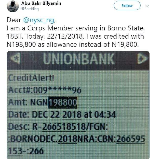 'I was credited with N198,800 instead of N19,800,' - Honest Corp member notifies NYSC