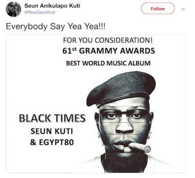 Seun Kuti gets Grammy award nomination for 'Black Times'