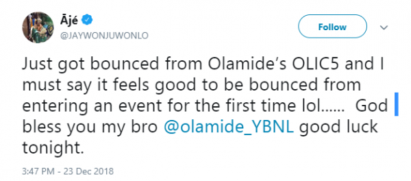 'God bless you my bro' - Jaywon reacts after getting bounced from Olamide's concert, OLIC5