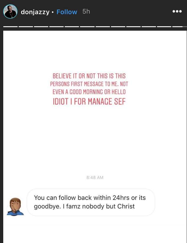 Don Jazzy Reacts To Fan Who Gave Him A-24-Hour Ultimatum To Follow Back On Instagram