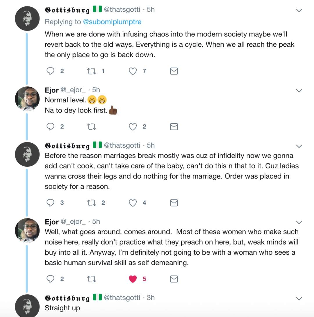 Heated argument ensues on twitter after popular brand consultant says women don't enjoy cooking (Screenshots)