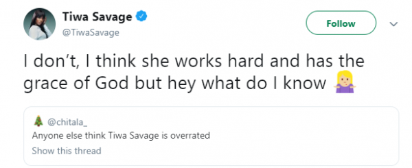 Tiwa Savage Replies Lady Who Said She Is 'Overrated'