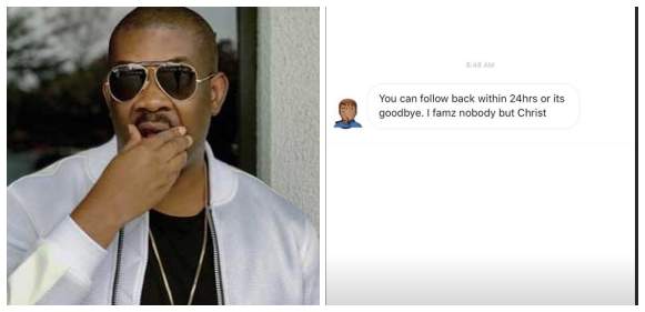 Don Jazzy Reacts To Fan Who Gave Him A-24-Hour Ultimatum To Follow Back On Instagram