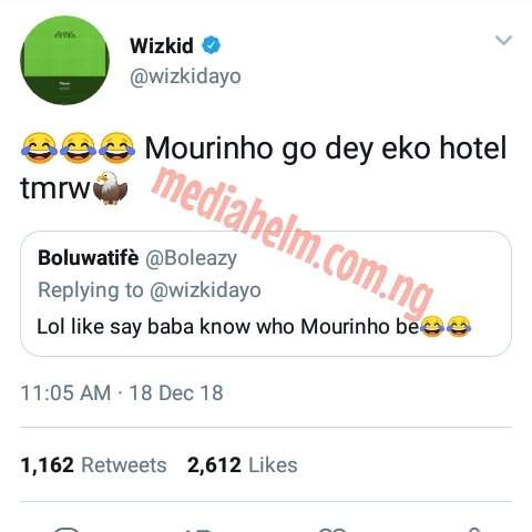 Wizkid reacts to Mourinho sack, says he will be at Eko Hotel tomorrow