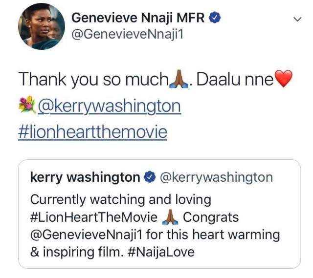 Genevieve Nnaji reacts as Kerry Washington applauds her over 'Lionheart' movie