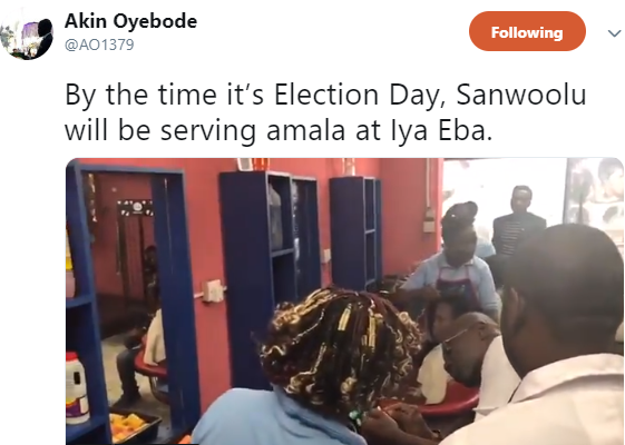Babajide Sanwo-Olu spotted fixing a lady's hair in a salon today (Photos/VIdeo)