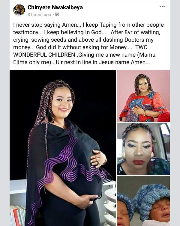 Nigerian woman gives birth to twins after 8 years of 'waiting, crying, sowing seeds and dashing money to doctors' (Photos)