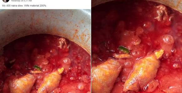 Woman proudly shows off chicken stew she made with just N400