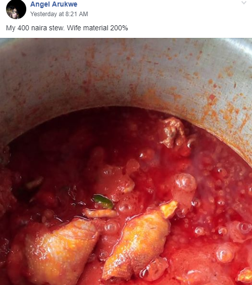 Woman proudly shows off chicken stew she made with just N400