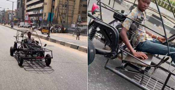 Man filmed driving a self-made car on the streets of Lagos (video)