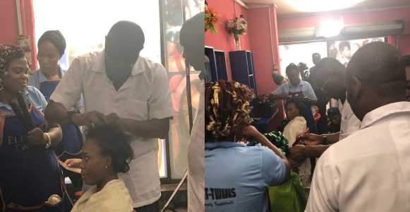 Babajide Sanwo-Olu spotted fixing a lady's hair in a salon today (Photos/VIdeo)