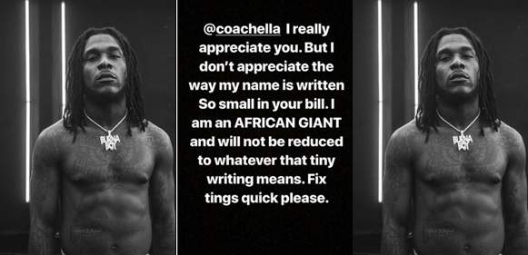 "I Am An African Giant"- Burna Boy Calls Out Organisers Of The 2019 Coachella Music Festival