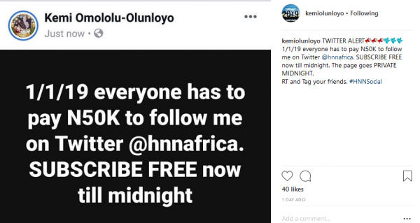 Everyone will pay N50,000 to follow me on twitter in 2019 - Kemi Olunloyo