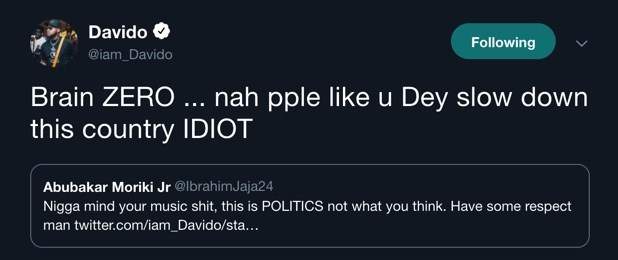 Davido Responds to Fan who told him to face his Music and leave Politics