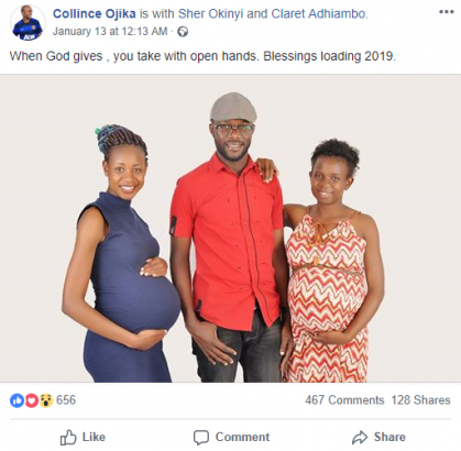Man appreciates God as he shares photo of his two wives who are pregnant