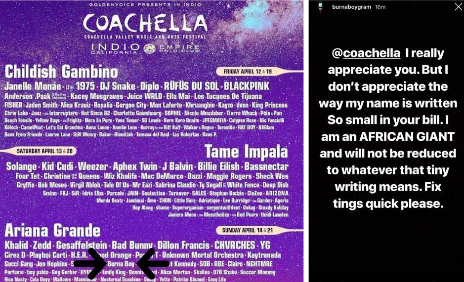 'I Am An African Giant'- Burna Boy Calls Out Organisers Of The 2019 Coachella Music Festival