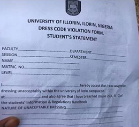 Unilorin student penalized for wearing jean and an oversized shirt