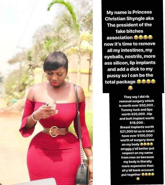 'My body is more expensive than your bank accounts put together' - Actress Princess Shyngle replies critics