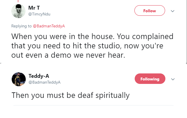 'You must be deaf spiritually' - Bbnaija's Teddy A slams a Twitter user who called him out (Screenshot)