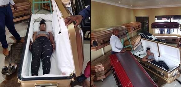 South African 'Pantless Dancer' Wabantu Buys Herself A 150k Coffin Ahead Of Her Death, Shares Photo Of Herself Posing Inside