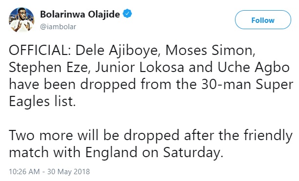 FIFA World Cup: Super Eagles Coach, Rohr Drops Junior Lokosa, Others From World Cup Squad