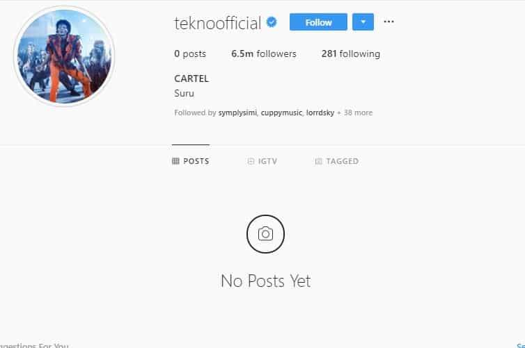 Tekno Takes Down All Instagram Posts; Leaves Disturbing Message (Photo)