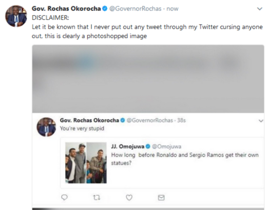 'My Reply To Omojuwa Was Photoshopped' - Gov. Rochas Okorocha
