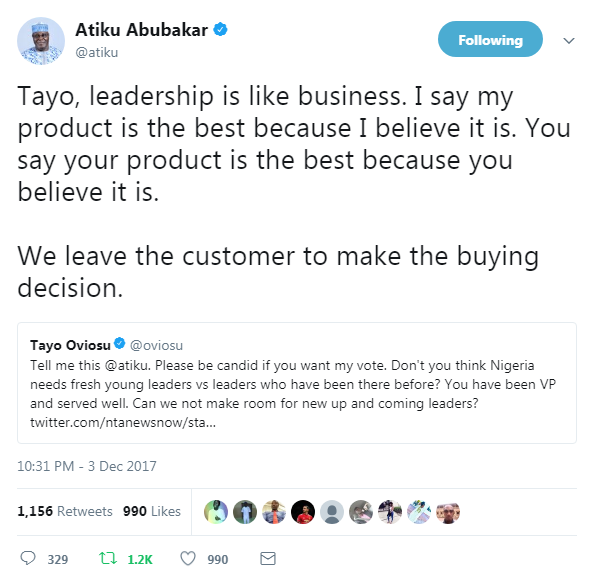 See the 'smart' answer Atiku gave a Twitter user who told him to step aside for young leaders