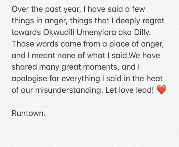 Runtown Apologises To Former Record Label Boss, Dilly, Expresses Regrets