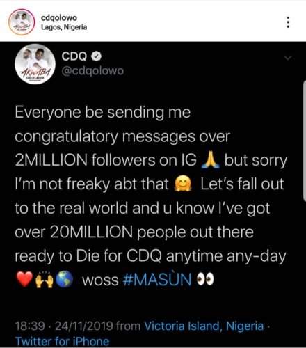 I've Got Over 20 Million People Out There Ready To Die For Me - CDQ Boasts