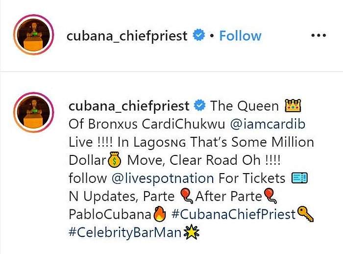 Cubana Chief Priest Hints At How Much Was Paid To Bring Cardi B To Nigeria