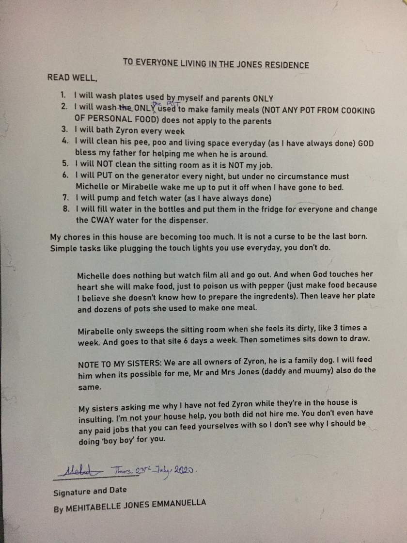 'My Chores Are Too Much' - Hilarious Letter Written By Last Born To Her Family
