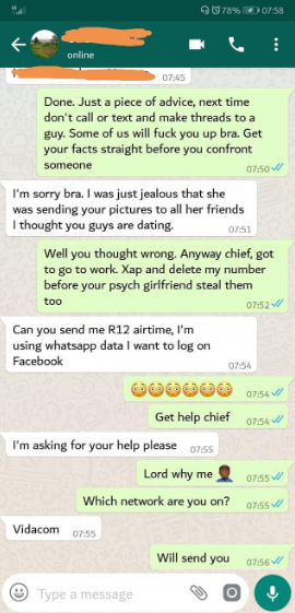 Jealous Boyfriend Confronts His Girlfriend's Crush Via Whatsapp