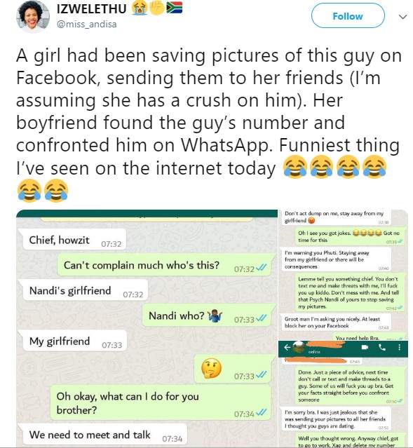 Jealous Boyfriend Confronts His Girlfriend's Crush Via Whatsapp