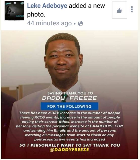 Offerings and Tithes: Pastor Adeboye's Son Thanks Daddy Freeze (Photo)