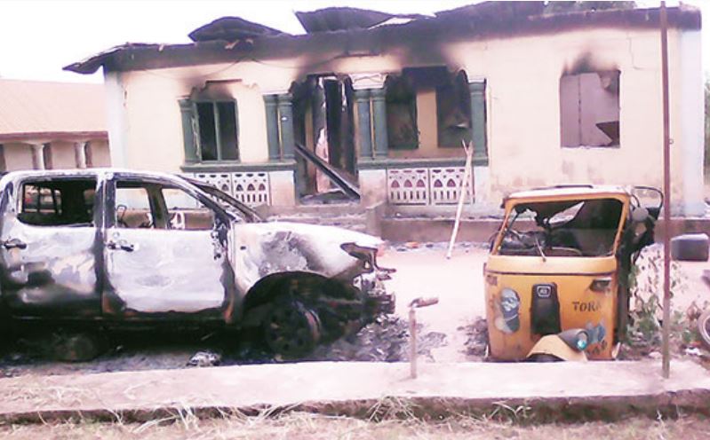 Commotion as Suspected Armed Robbers Burn Down Police Station in Abia State (Photo)