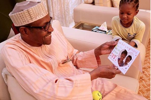 President Buhari Receives Special Birthday Gift from Grand Child (Photo)