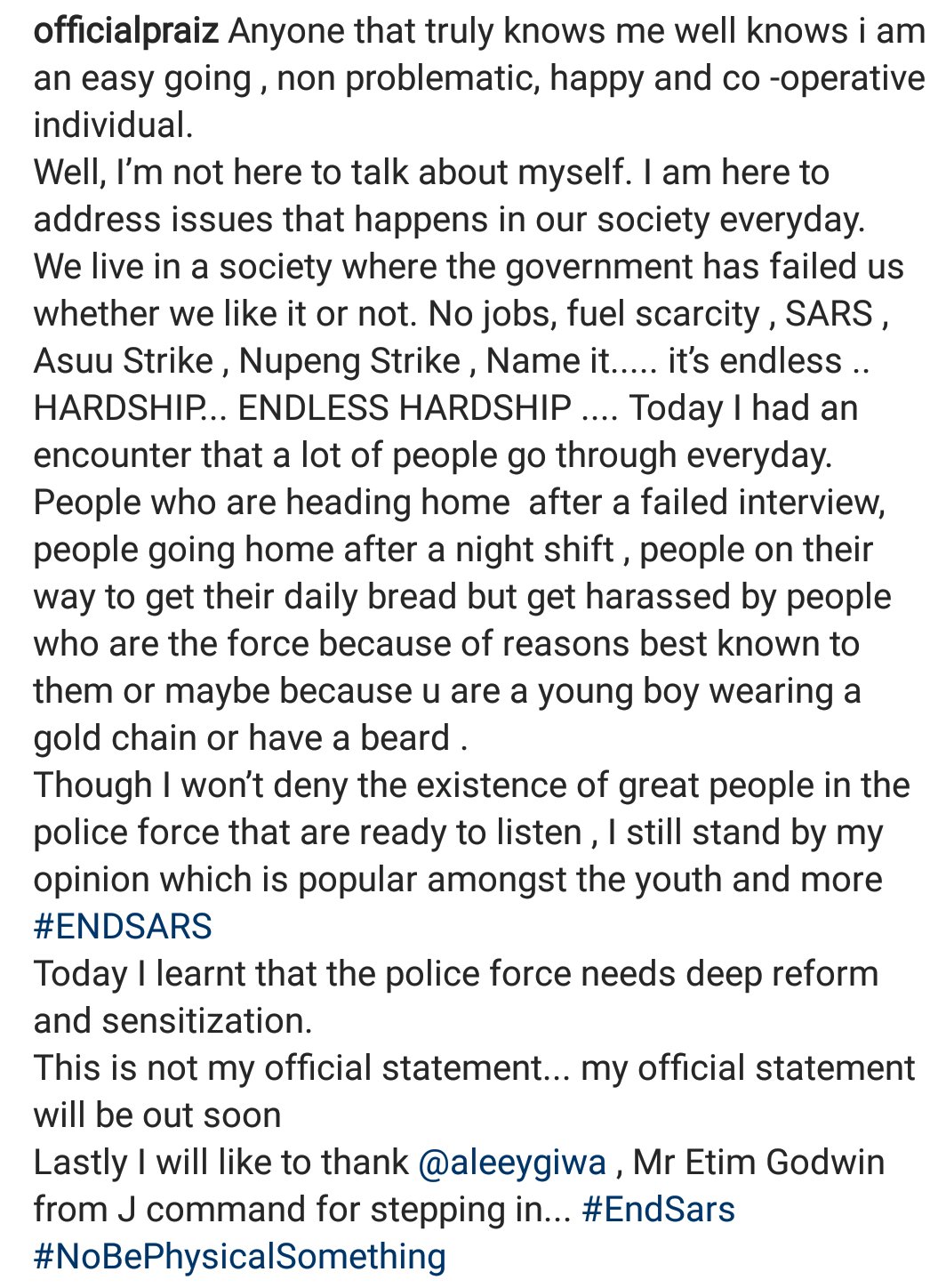 Nigerian Singer, Praiz Speaks After He was Arrested by SARS Operatives