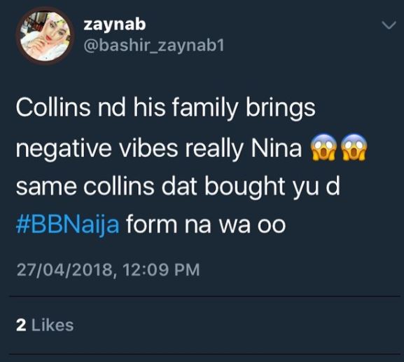 #BBNaija: Nina Faces Attacks For Dumping Collins On National Radio