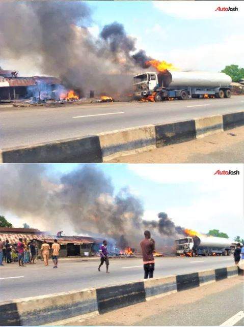 Petrol Tanker On Fire On Lagos-Benin Expressway, Roadside Shops Destroyed
