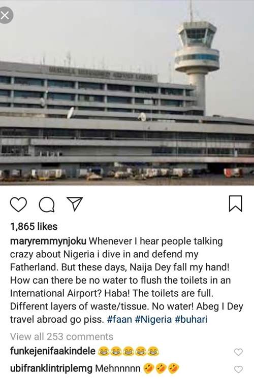 No Water To Flush Toilets At Lagos Int'l Airport, Actress Mary Njoku Forced To Jet Out Of Nigeria To Pee