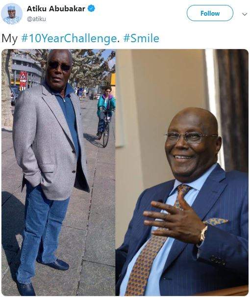 Atiku Abubakar has joined the #10YearChallenge craze on social media as he shares his own photos on Twitter.
