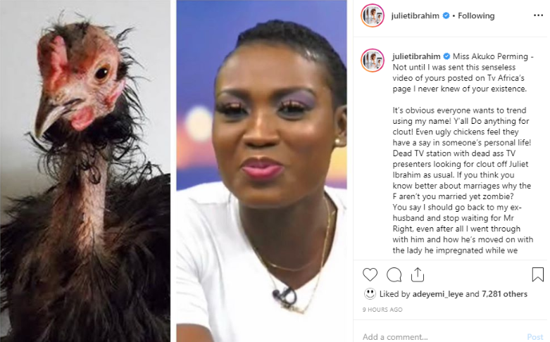 Juliet Ibrahim slams TV Presenter Akuko Perming for asking her to go back to her ex-husband