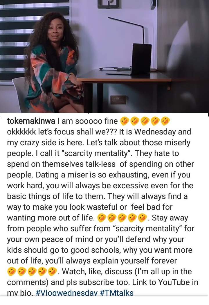 'Dating a stingy man is like a disease, Stay away' -Toke Makinwa