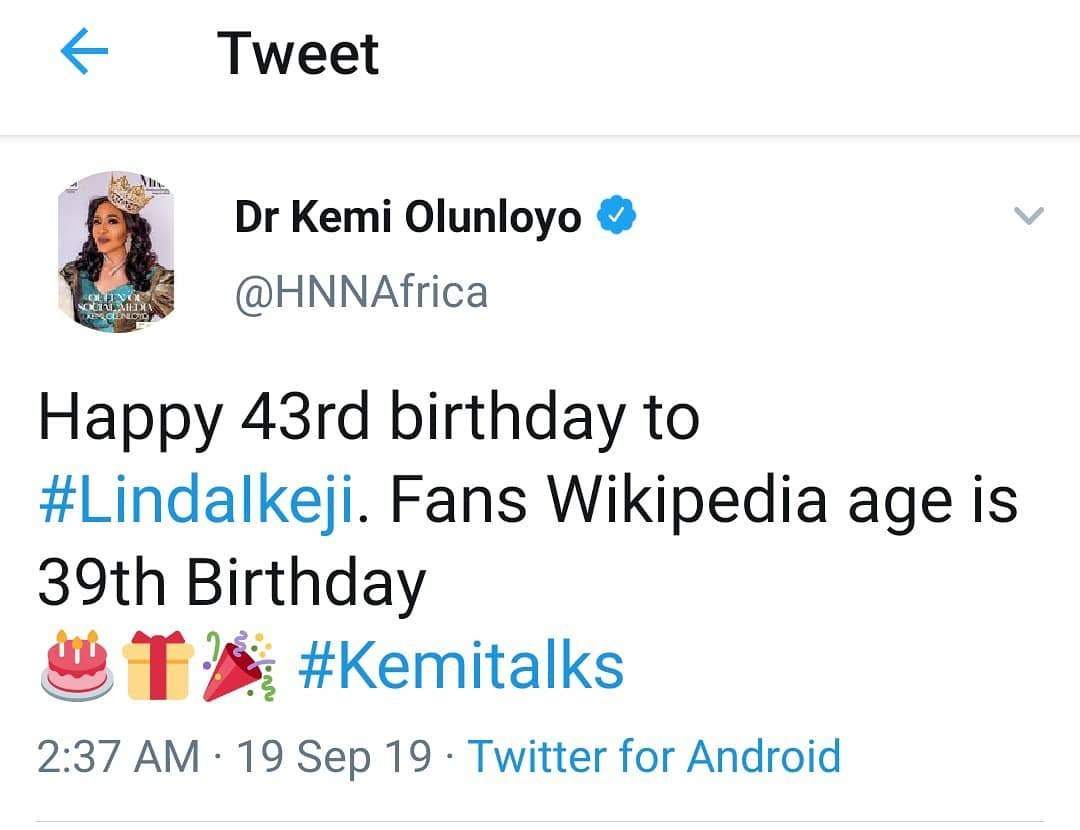 'Happy 43rd birthday to Linda Ikeji, not 39th' - Kemi Olunloyo