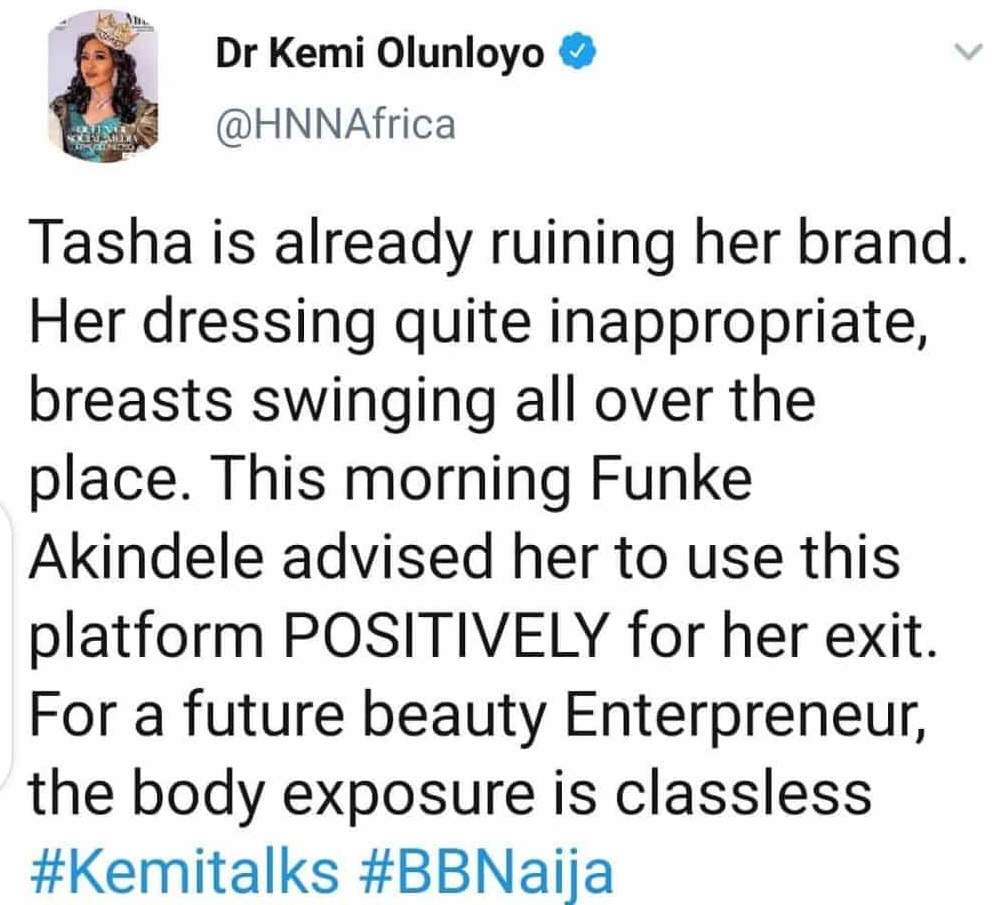 Kemi Olunloyo lambastes Tacha for her inappropriate dressing in the house.