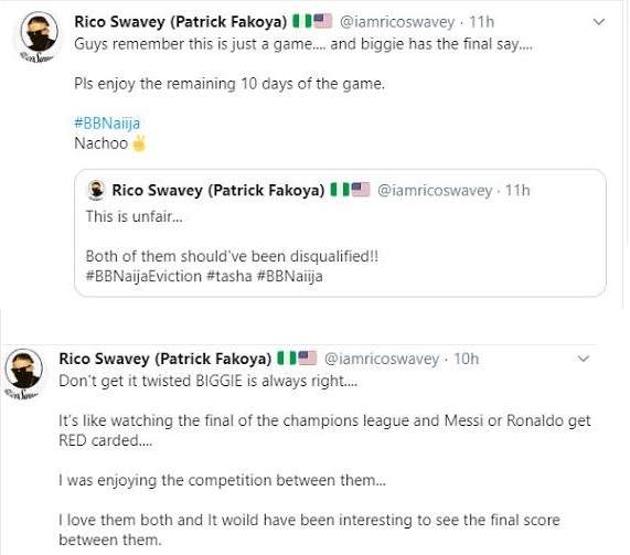 #BBNaija: Rico Swavey gives reasons why Tacha's disqualification is unfair.